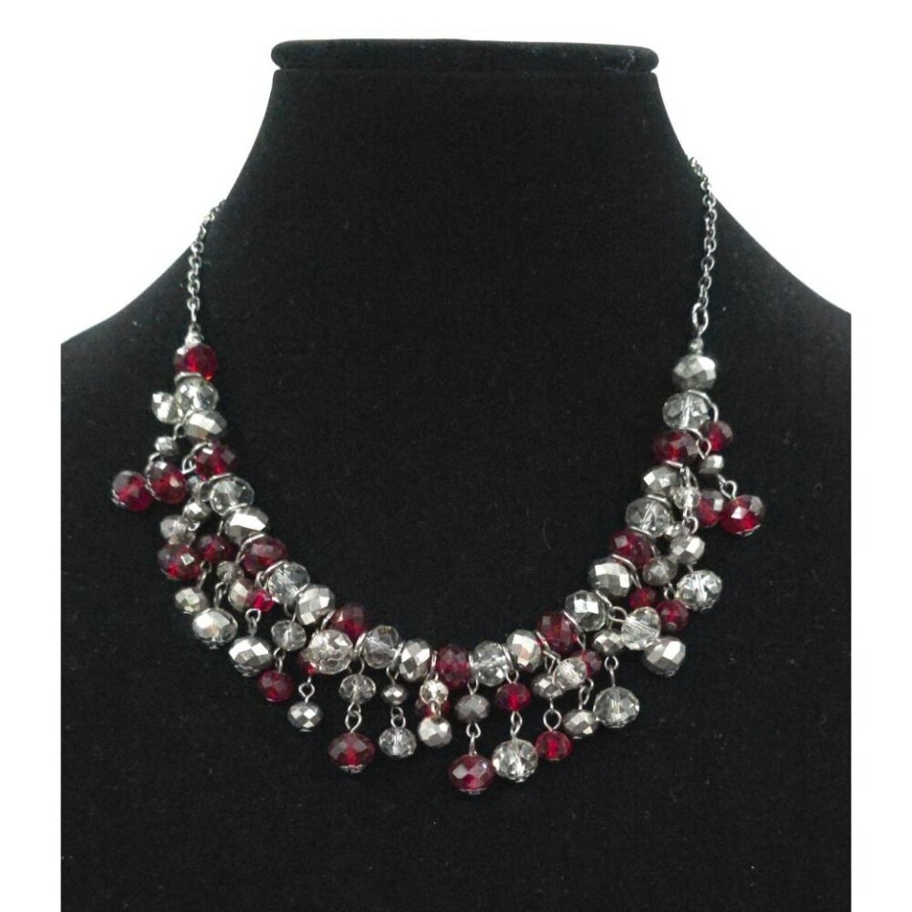 Faceted Crystal & Ruby Red Cluster Statement Necklace Silver Chain